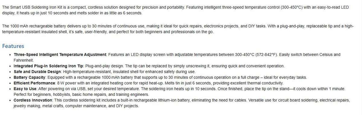 USB Cordless Soldering Iron 3 Heat Settings Soldering Flux Stand Storage Case