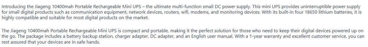 Jiageng 10400mah Portable Rechargeable Mini UPS