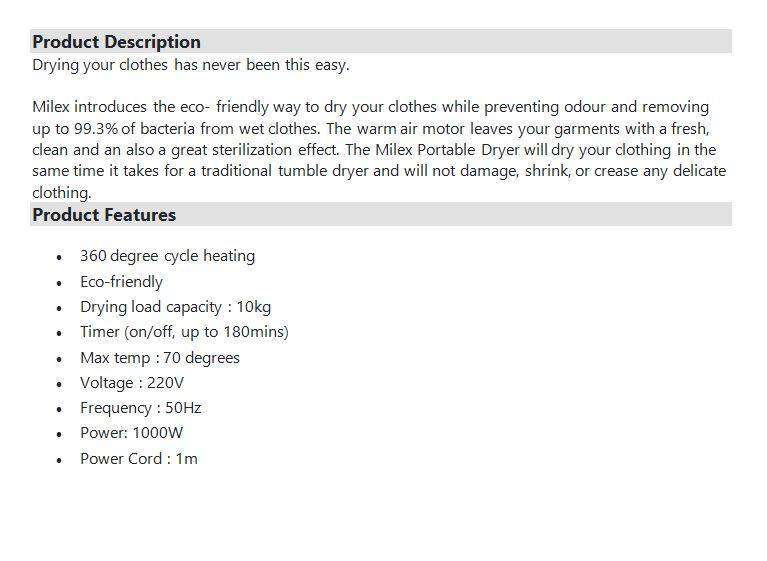 Milex 10KG Portable Electric Clothes Dryer (1000W)