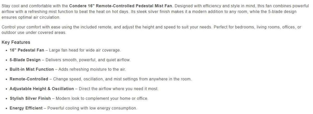 Condere 16 Inch Remote-Controled Pedestal Mist Fan