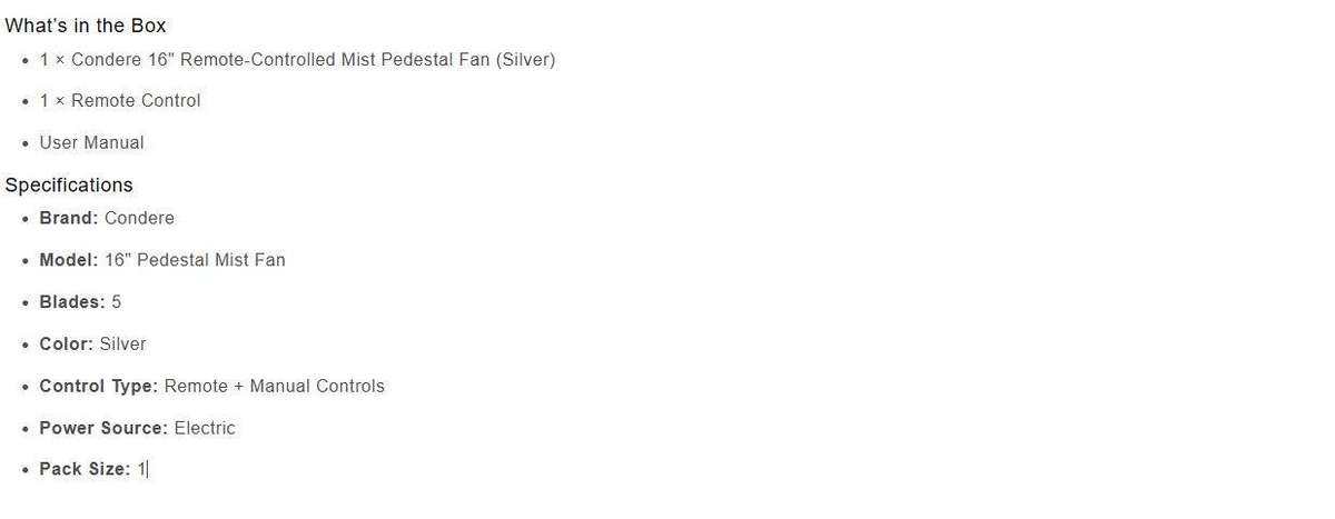 Condere 16 Inch Remote-Controled Pedestal Mist Fan