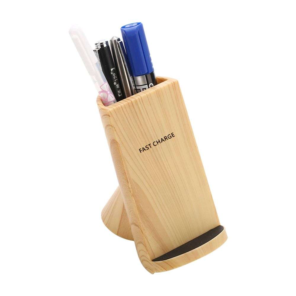 2 in 1 Wooden Wireless Charger Stand With Pen Container