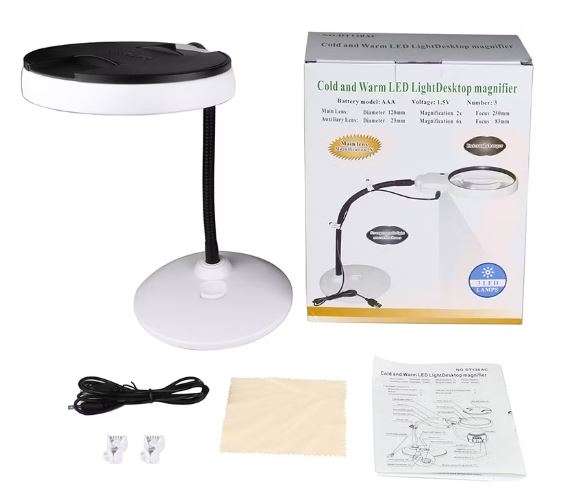 LED Double Lens Desktop Magnifier with Cold Warm Lamp