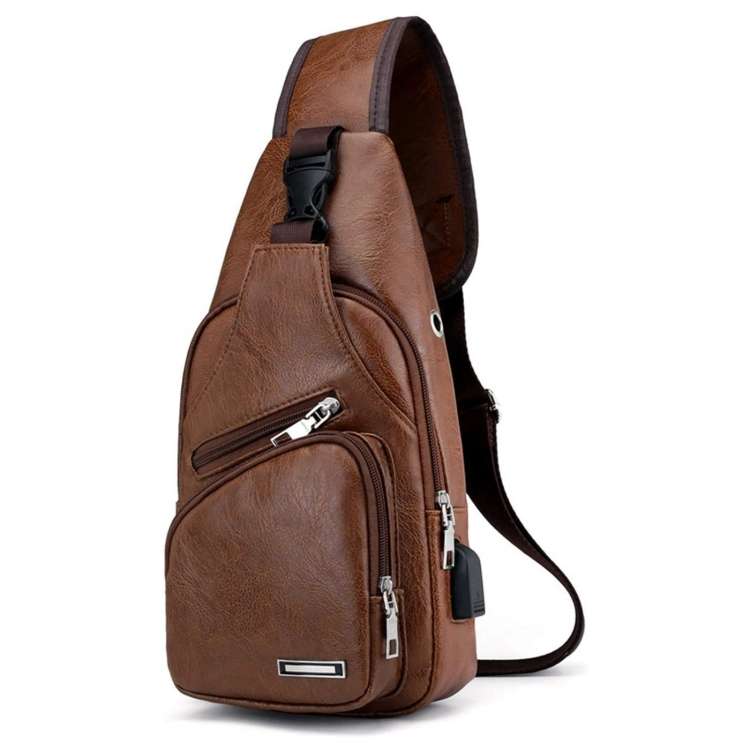 Leather Shoulder Bag for Men with USB Charging Port and Headphone Hole (Various Colors)