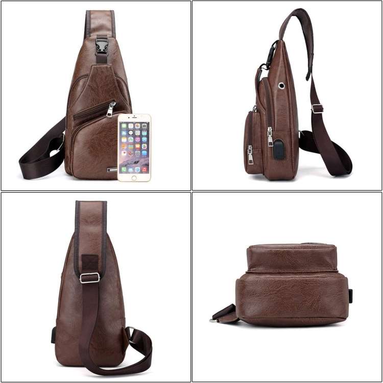 Leather Shoulder Bag for Men with USB Charging Port and Headphone Hole (Various Colors)