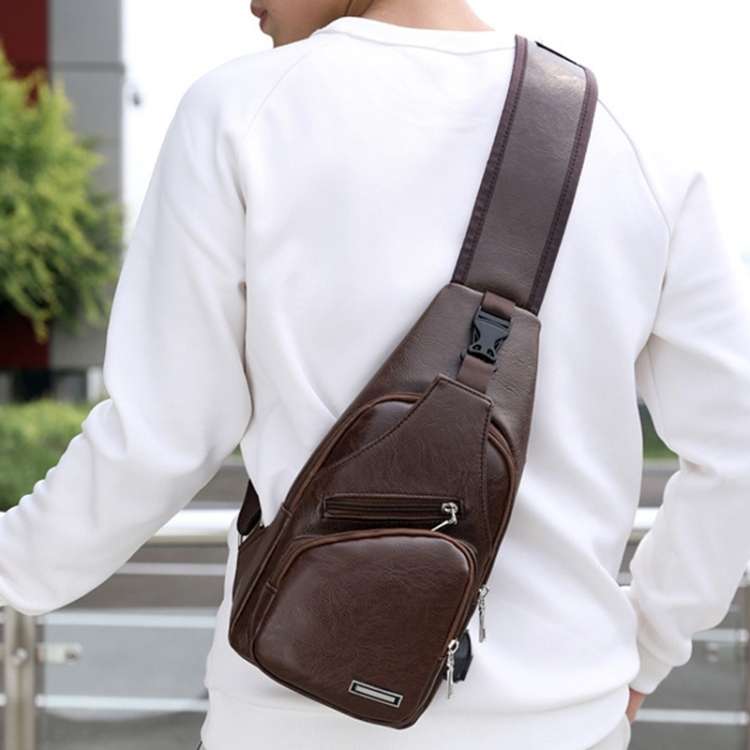 Leather Shoulder Bag for Men with USB Charging Port and Headphone Hole (Various Colors)