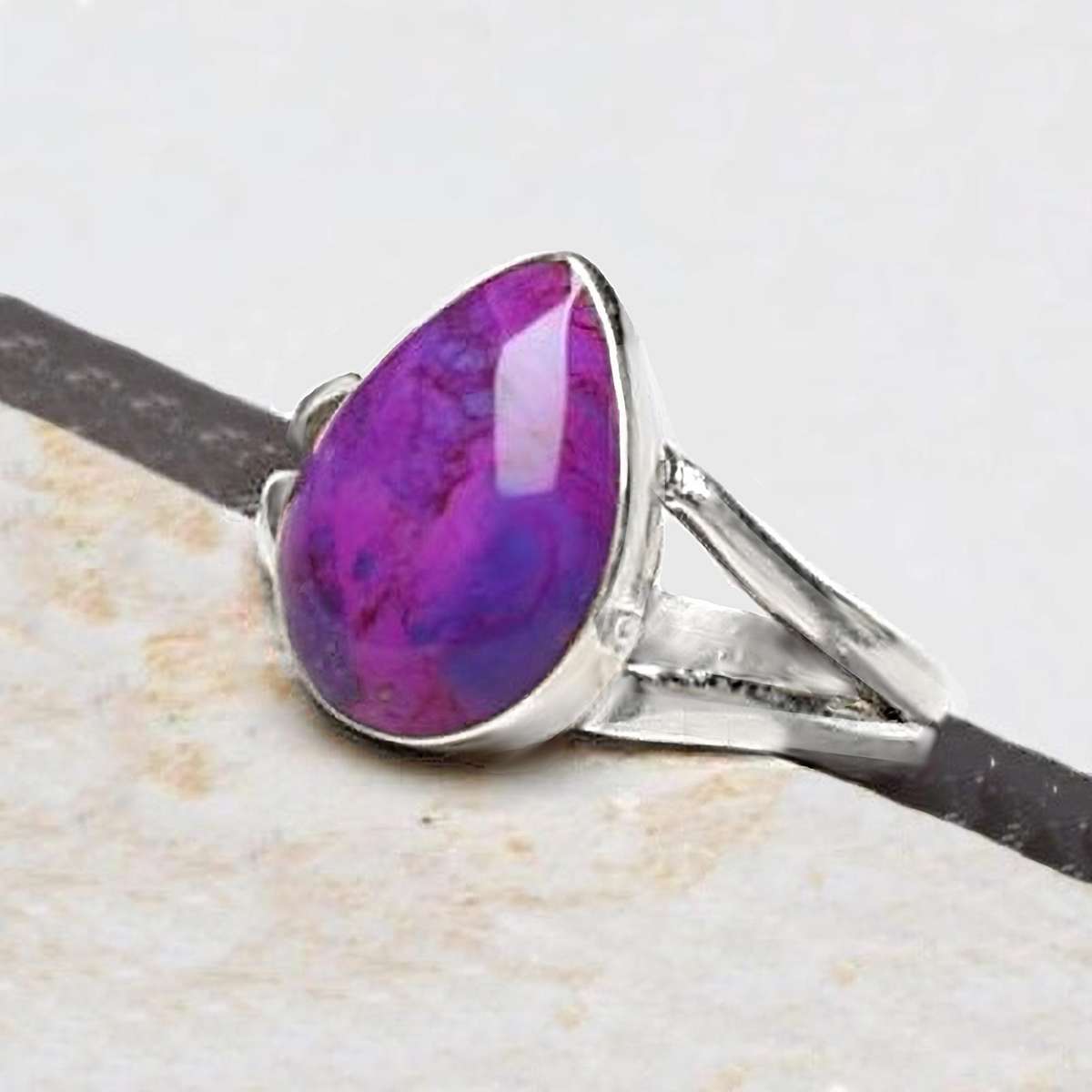 Natural Purple Copper Turquoise Pear Shape Gemstone set in Solid .925 Sterling Silver Ring Size 8/Q