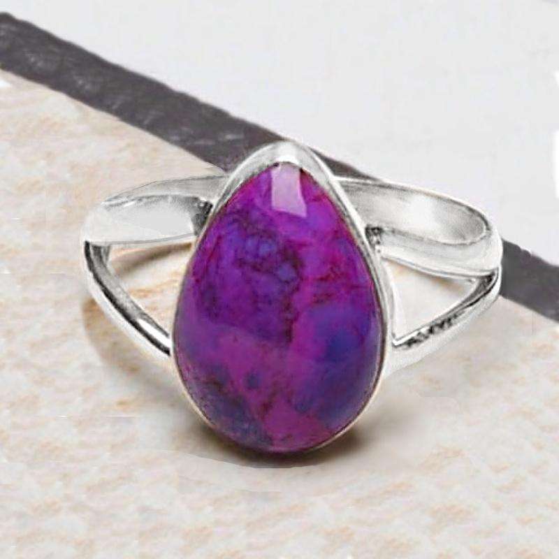 Natural Purple Copper Turquoise Pear Shape Gemstone set in Solid .925 Sterling Silver Ring Size 8/Q