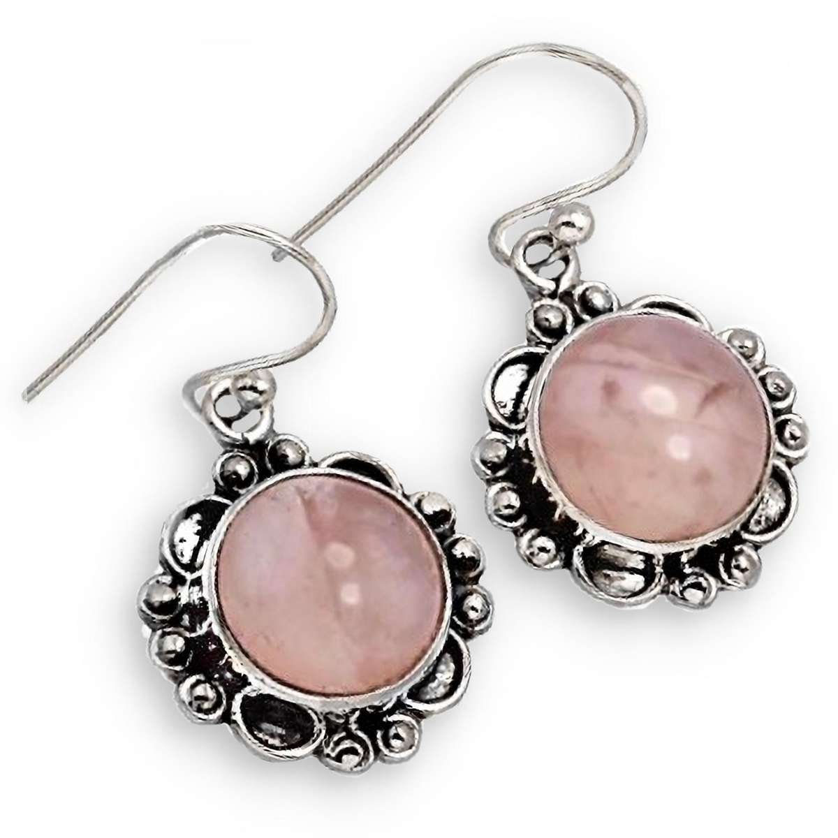Natural Rose Quartz Round Gemstone set in Solid .925 Sterling Silver Dainty Earrings