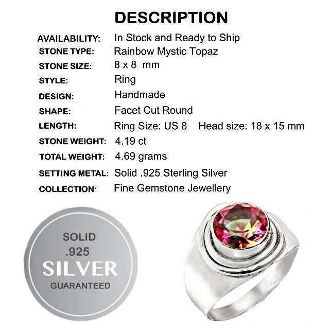 4.19 Cts Multicolour Rainbow Topaz set in Solid .925 Sterling Silver Ring Size US 8 / Q