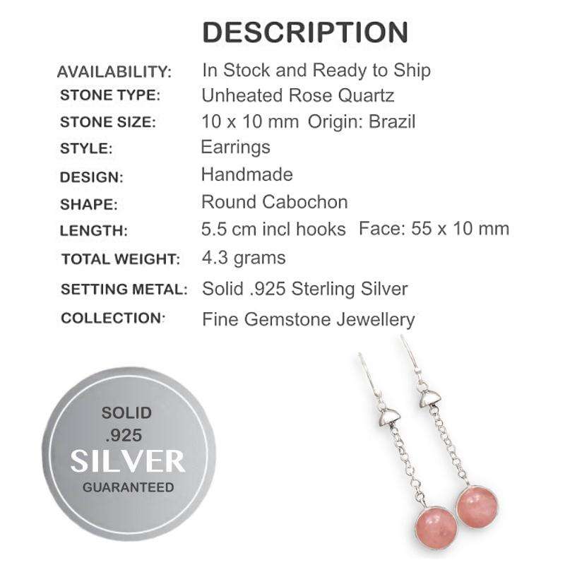 Natural Pink Rose Quartz Round Sphere set in  Solid .925 Sterling Silver Drop Dangle Earrings