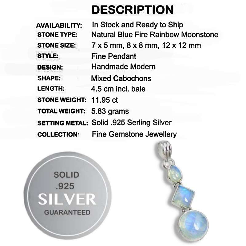 11.95 cts Natural Rainbow Moonstone Mixed Shapes set in Solid .925 Sterling Silver Pendant