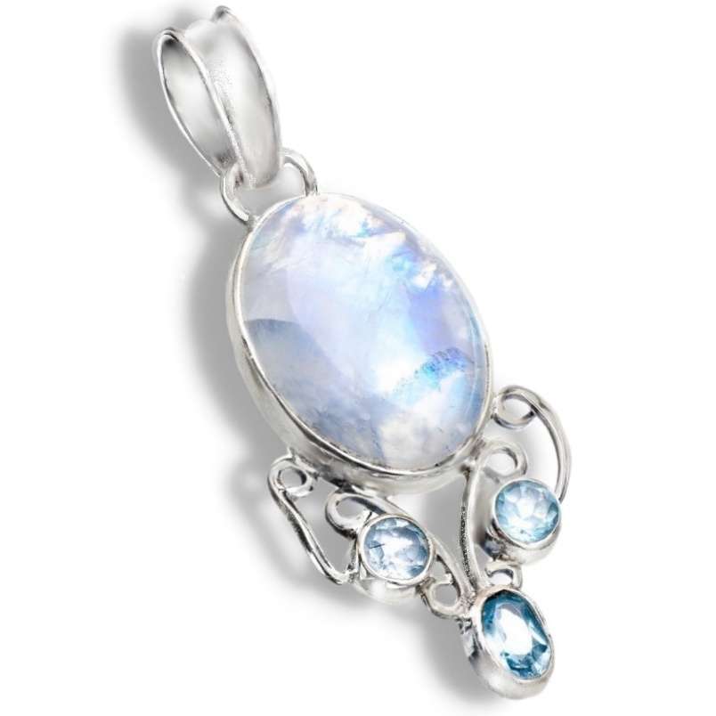 Natural Rainbow Moonstone, Blue Topaz Gemstone set in Solid .925 Sterling Silver Pendant