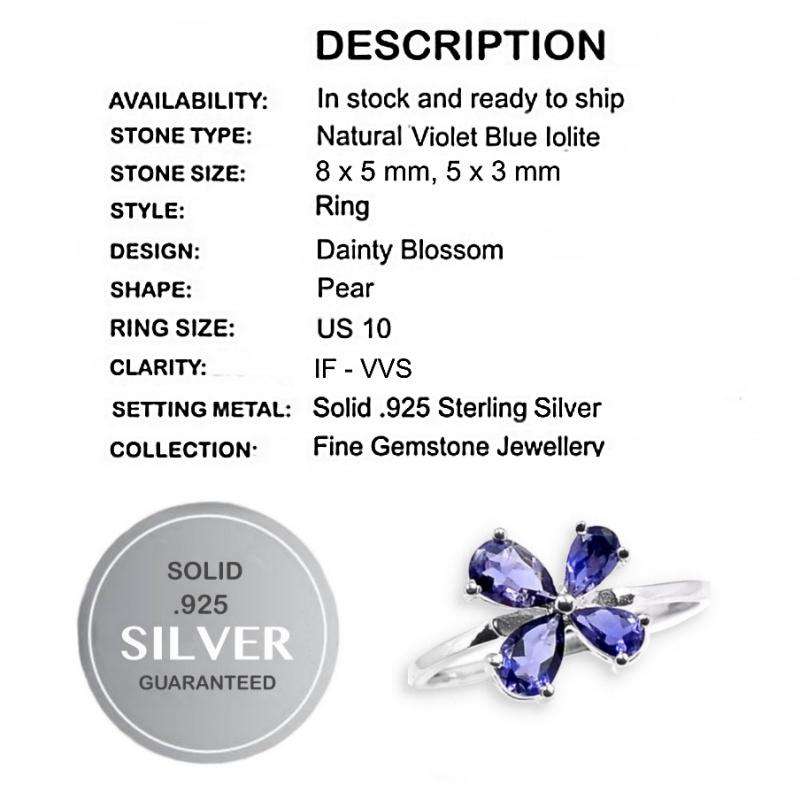 Natural Violet Blue Iolite Gemstone set in Solid .925  Sterling Silver Ring Size US 10 or T