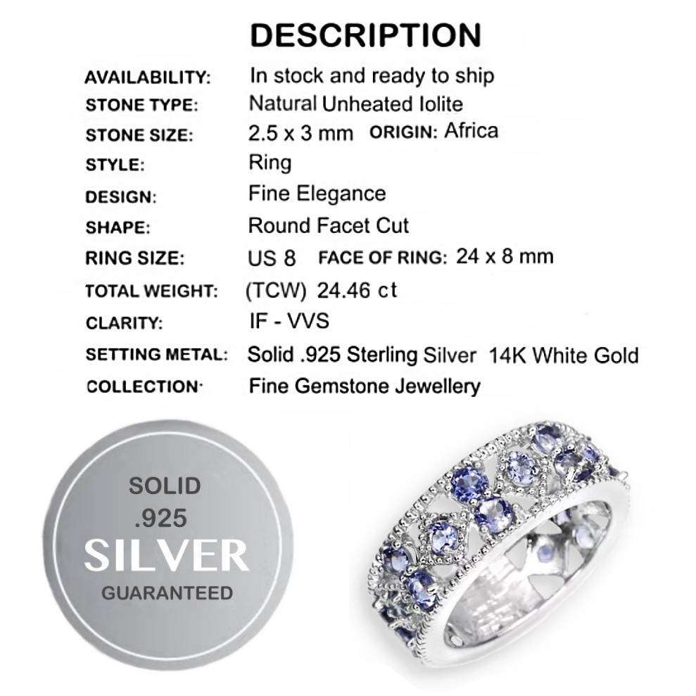 Natural Blue Violet Iolite Gemstones set in Solid .925 Sterling Silver 14K White Gold Ring Size US 8