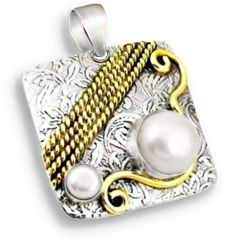 Two Tone Natural White Pearl set in  Solid .925  Sterling Silver Antique Style Handmade Pendant