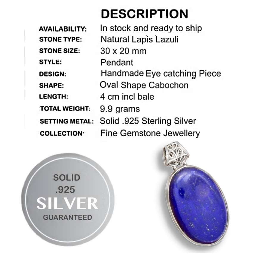 Natural Lapis Lazuli Oval Gemstone set in Solid .925  Sterling Silver Antique Style Pendant