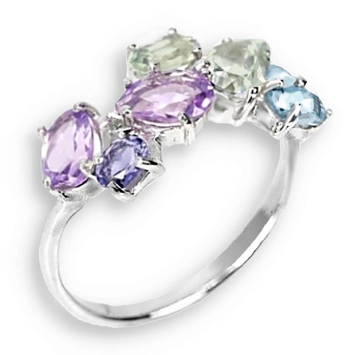 Natural Green/ Purple Amethyst Blue Topaz Gemstones Solid .925 Sterling Silver Ring Size 9 / R1/2