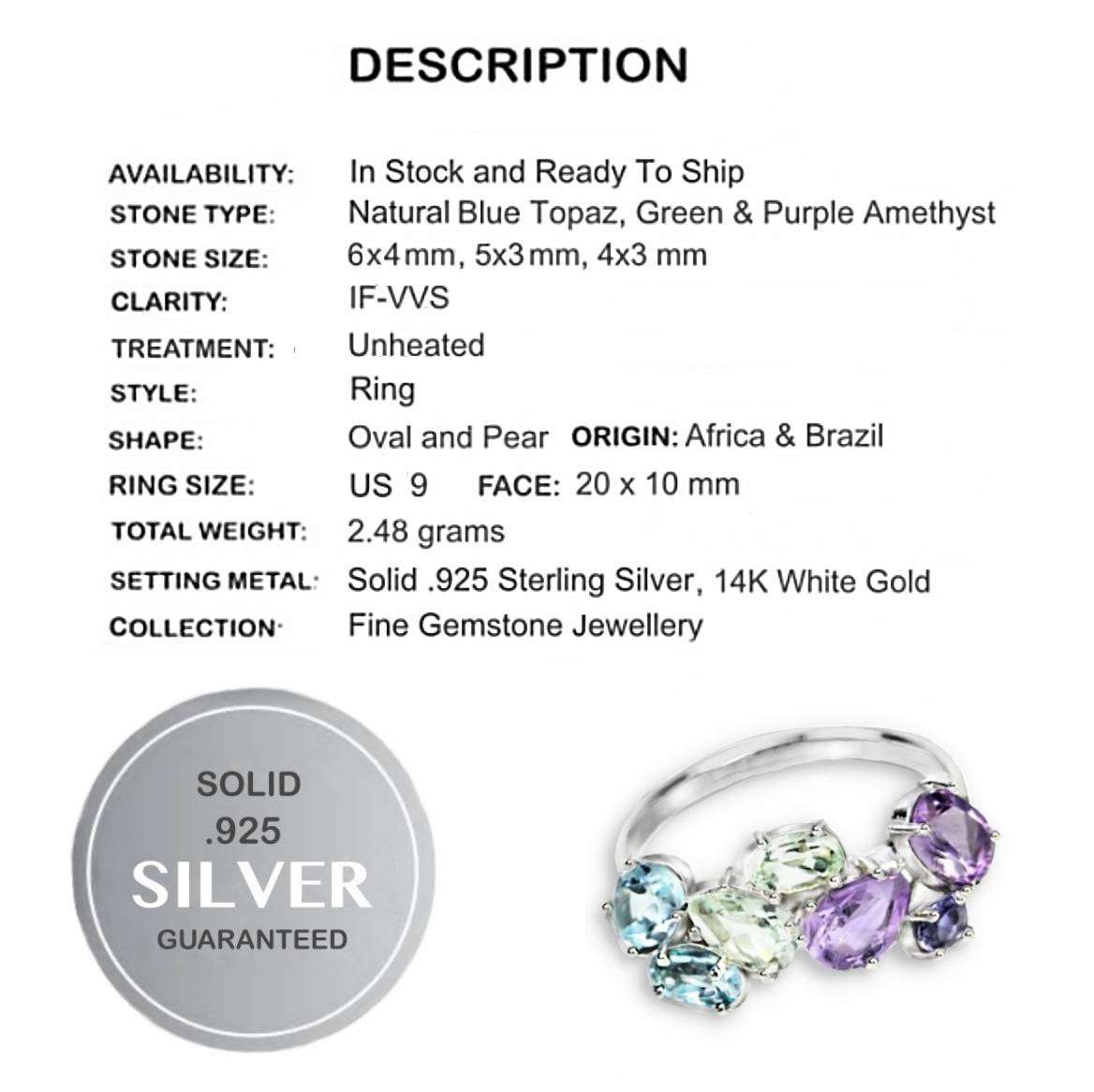 Natural Green/ Purple Amethyst Blue Topaz Gemstones Solid .925 Sterling Silver Ring Size 9 / R1/2