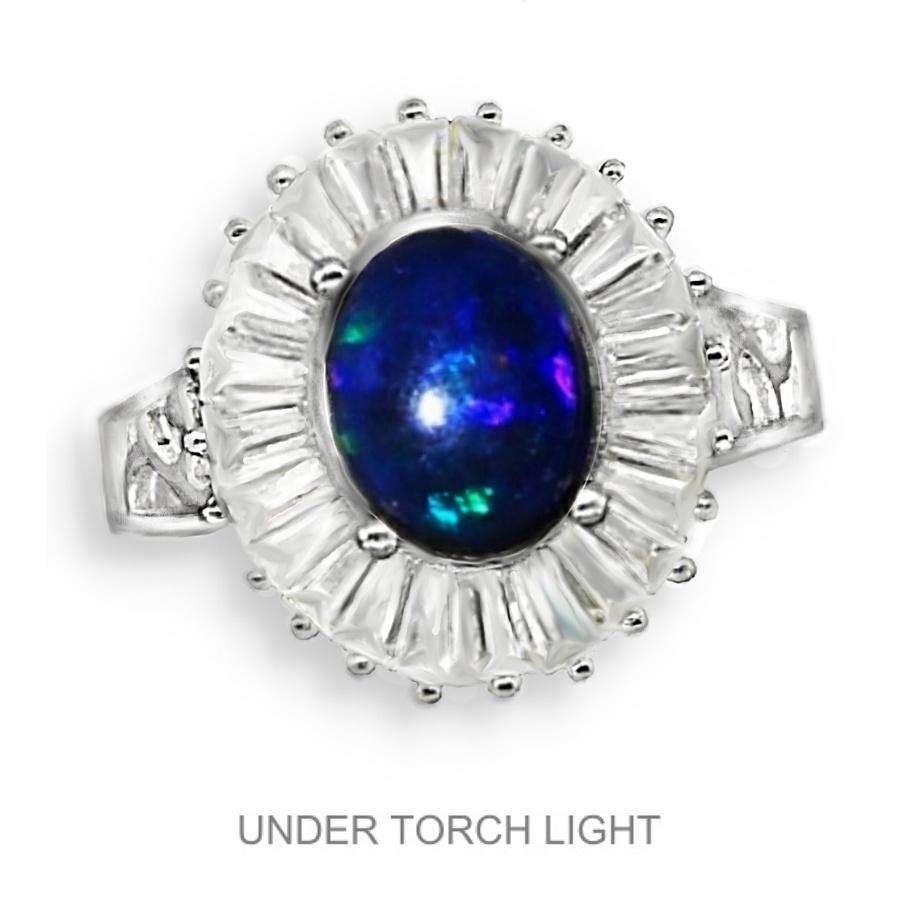 Natural Full Flash Black Fire Opal and White CZ Baguettes in Solid .925 Sterling Silver Ring Sz 8/Q