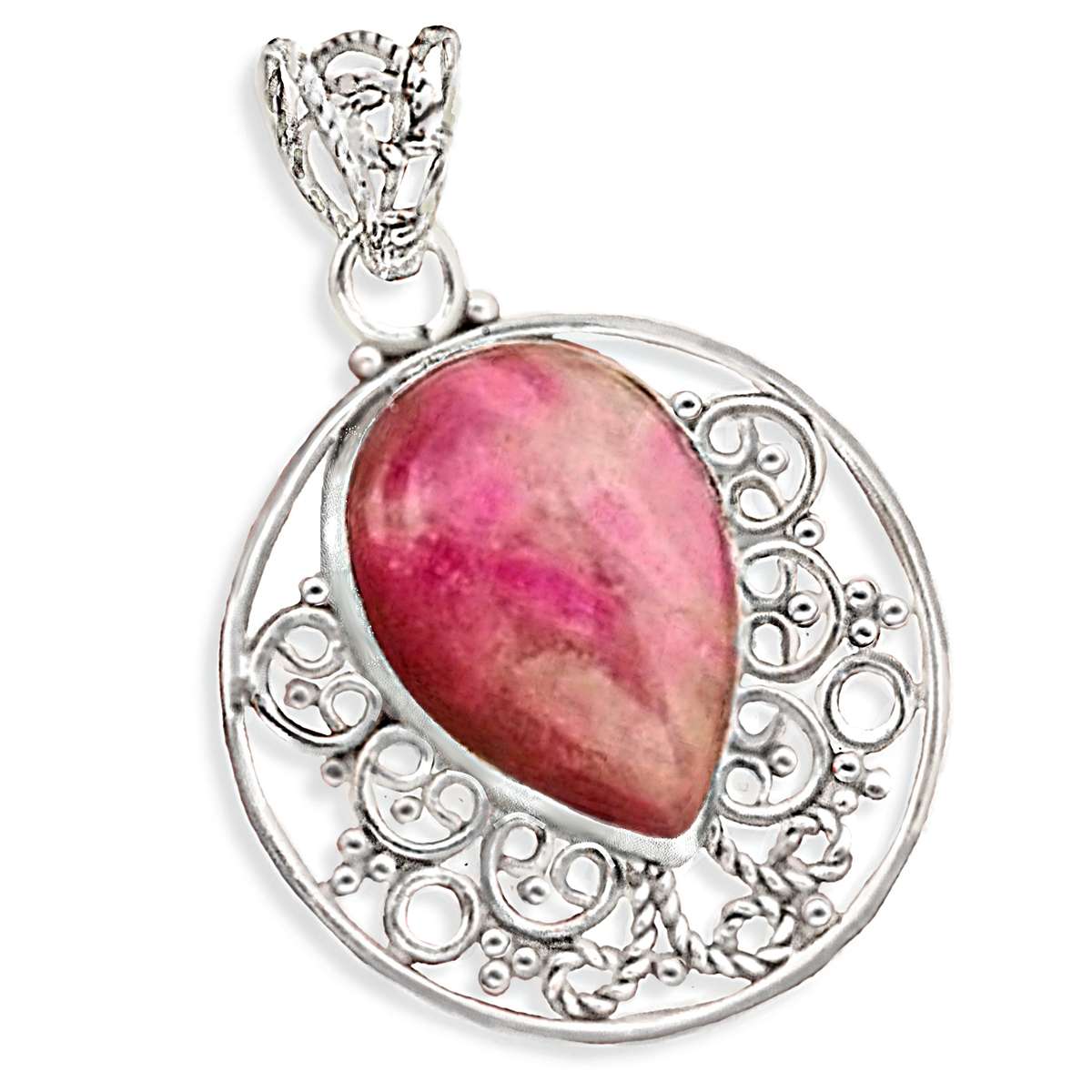 14.04 cts Natural Pink Ruby Zoisite Set in Solid .925 Sterling Silver Ornate Pendant