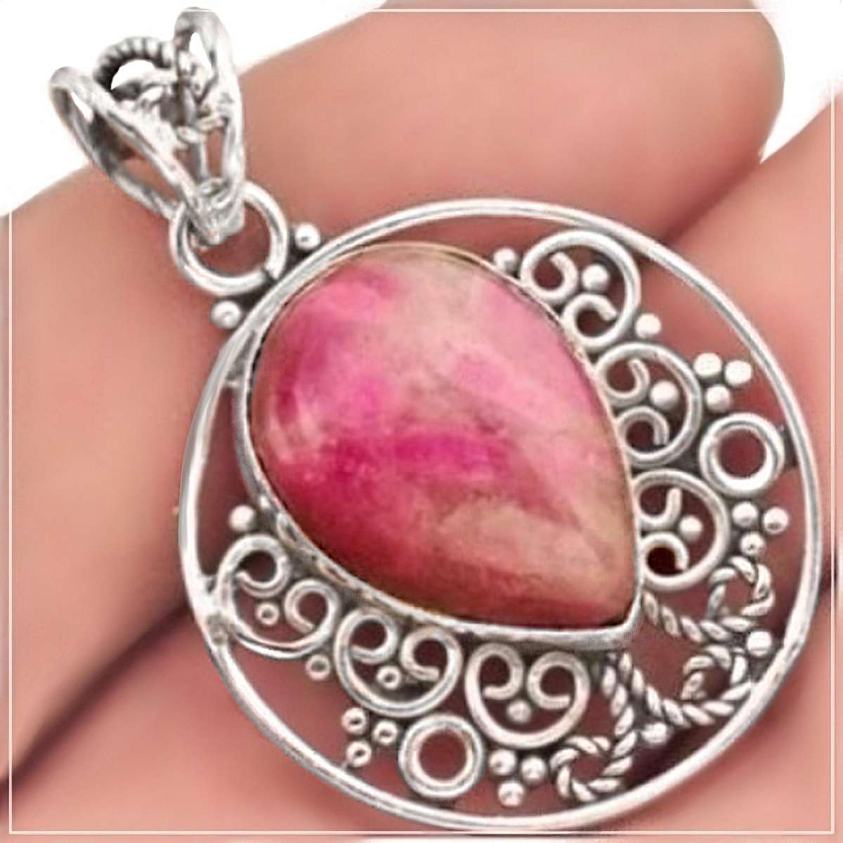 14.04 cts Natural Pink Ruby Zoisite Set in Solid .925 Sterling Silver Ornate Pendant