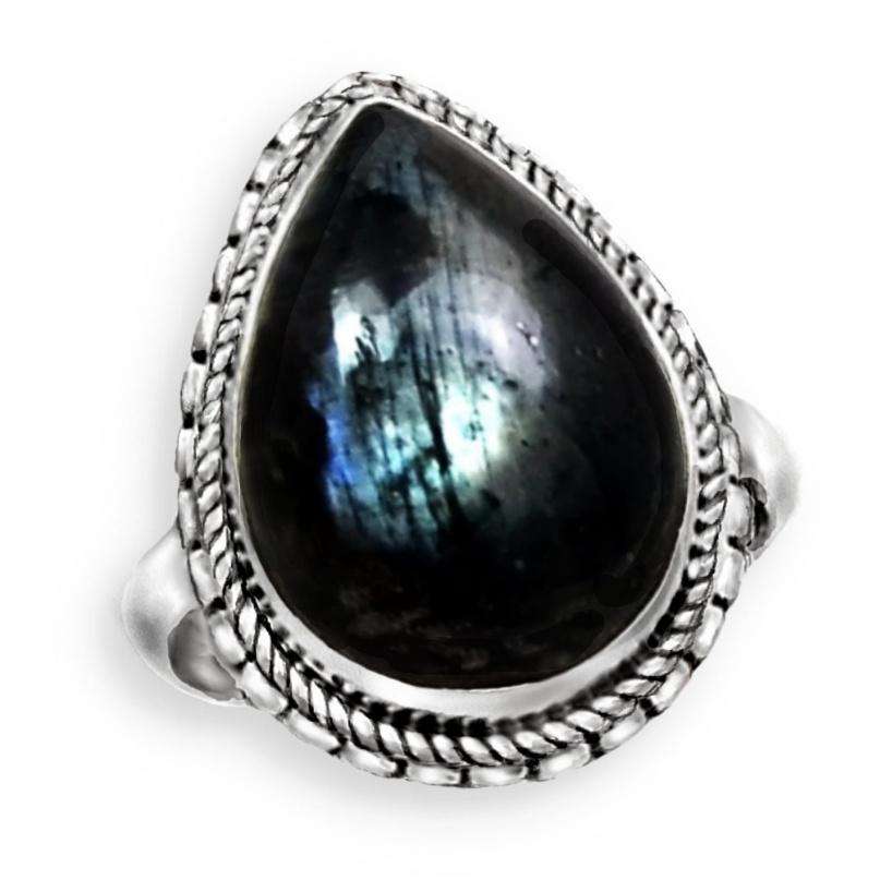 Natural Norwegian Larvikite Pear Shape Gemstone set in Solid .925 Sterling Silver Ring Size 6/ M