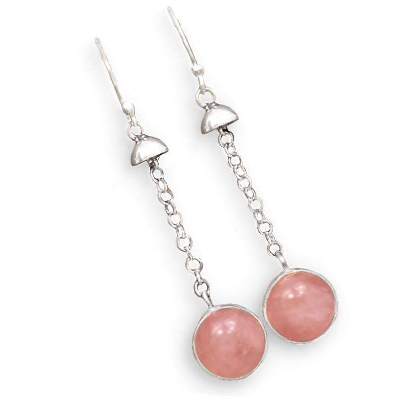 Natural Pink Rose Quartz Round Sphere set in  Solid .925 Sterling Silver Drop Dangle Earrings