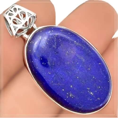 Natural Lapis Lazuli Oval Gemstone set in Solid .925  Sterling Silver Antique Style Pendant