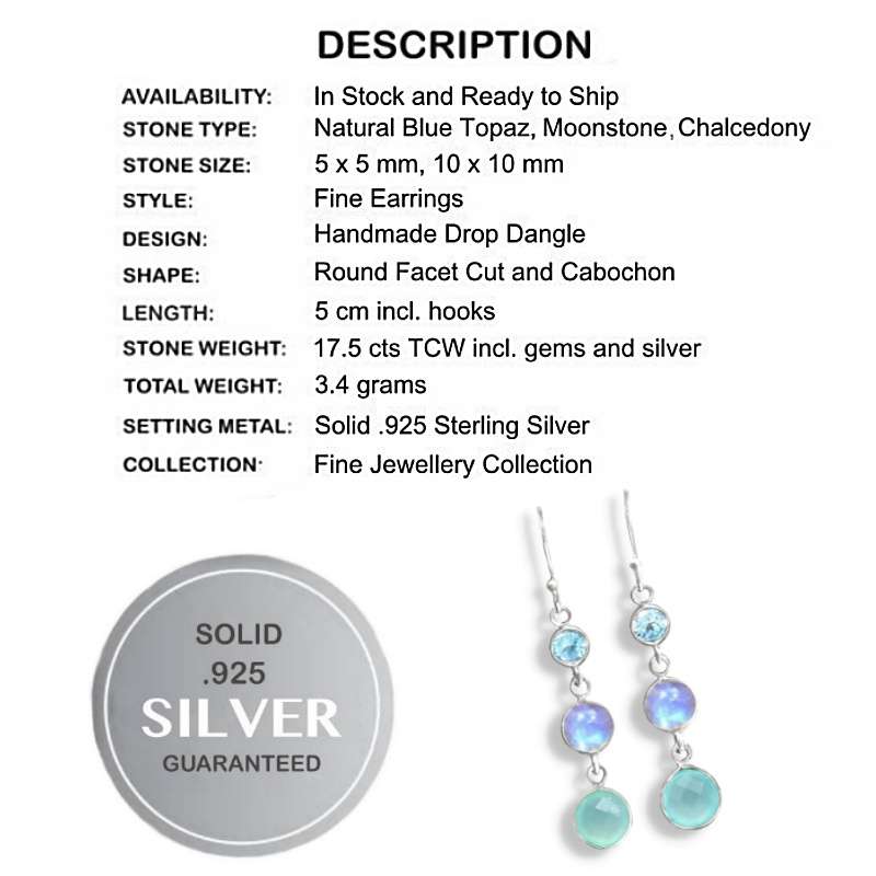 Natural Unheated Aqua Chalcedony, Blue Topaz , Rainbow Moonstone Gemstone Solid .925 Silver Earri