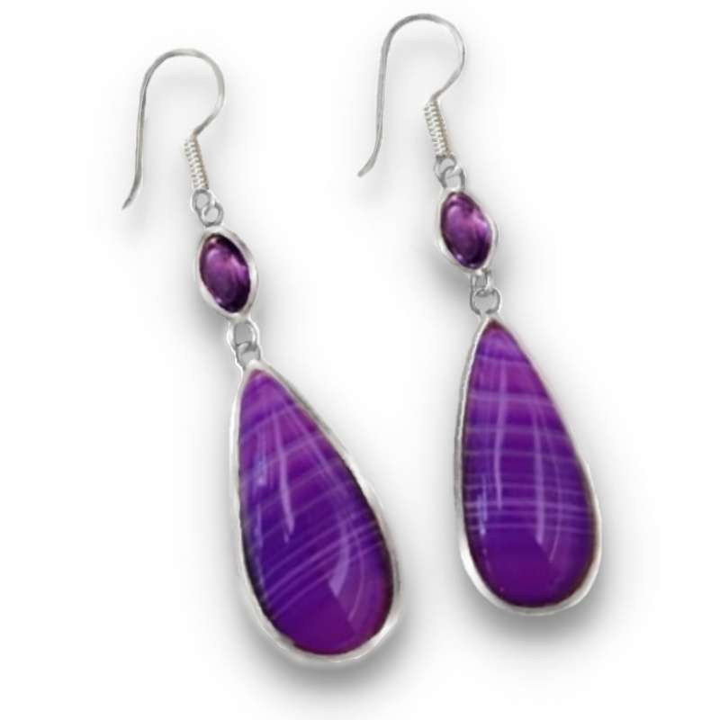 Natural Purple Botswana Agate Purple Amethyst Gemstone set in Solid .925 Sterling Silver Earrings