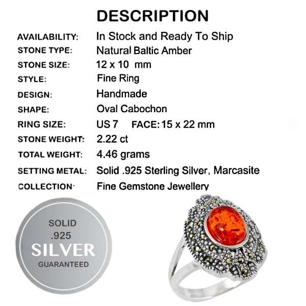 2.22 cts Baltic Amber Gemstone with Marcasite Detail in Solid .925 Sterling Silver Ring Size 7