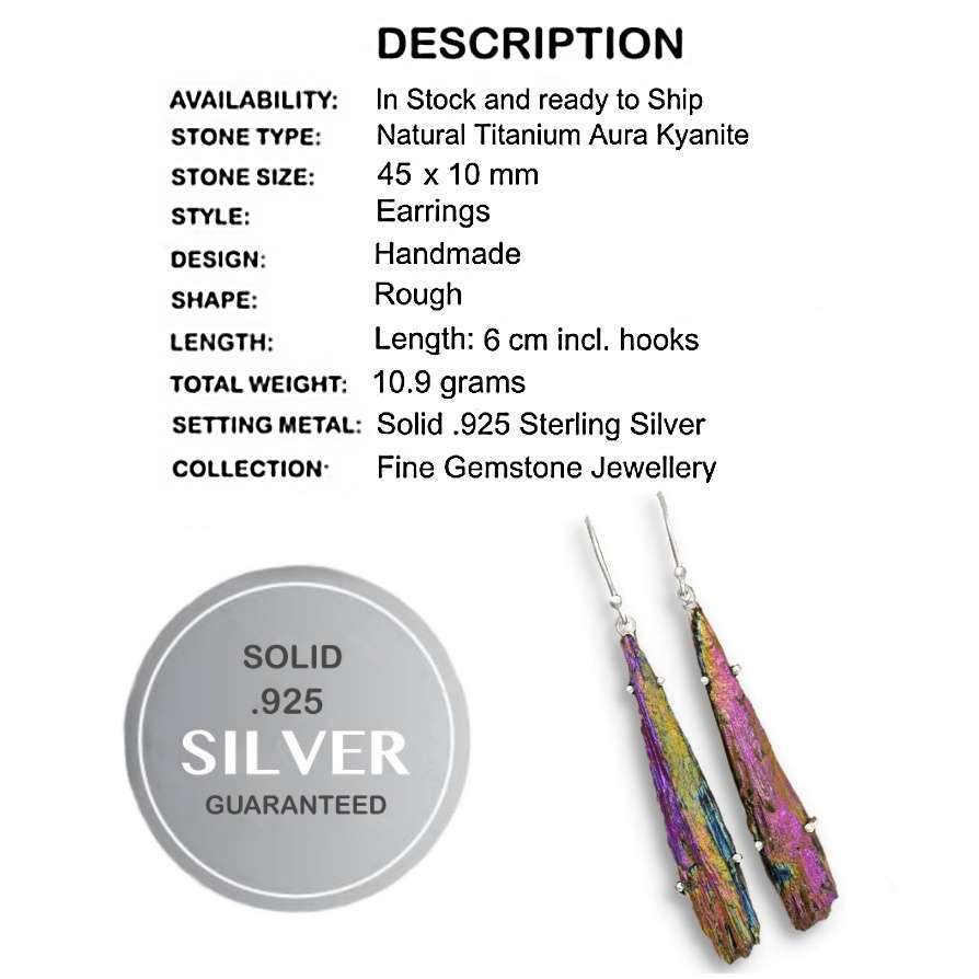 Natural Titanium Aura Kyanite Gemstone Solid .Sterling .925 Silver Earrings