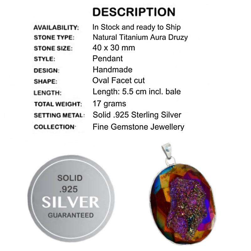 Natural Titanium Aura Druzy set in Solid 925 Sterling Silver Handmade Pendant