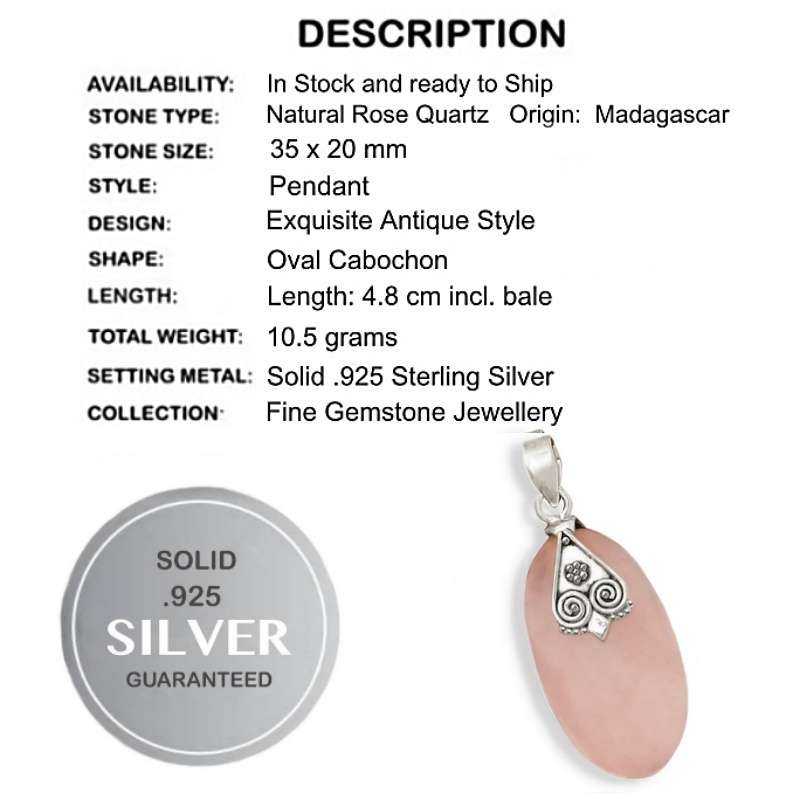 Beautiful Size Natural Rose Quartz Gemstone set in Solid. 925 Sterling Silver Pendant