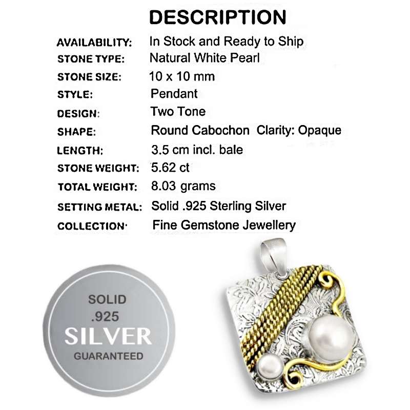 Two Tone Natural White Pearl set in  Solid .925  Sterling Silver Antique Style Handmade Pendant