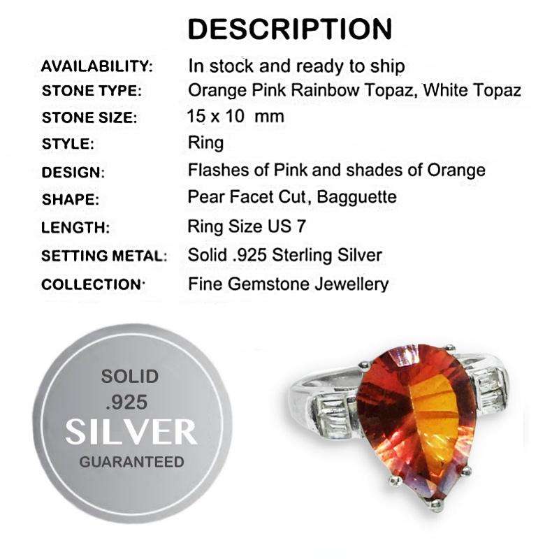 Dekuxe Natural Orange Rainbow Topaz, White Cubic Zirconia Solid .925 Sterling Silver Ring Size 7/ O