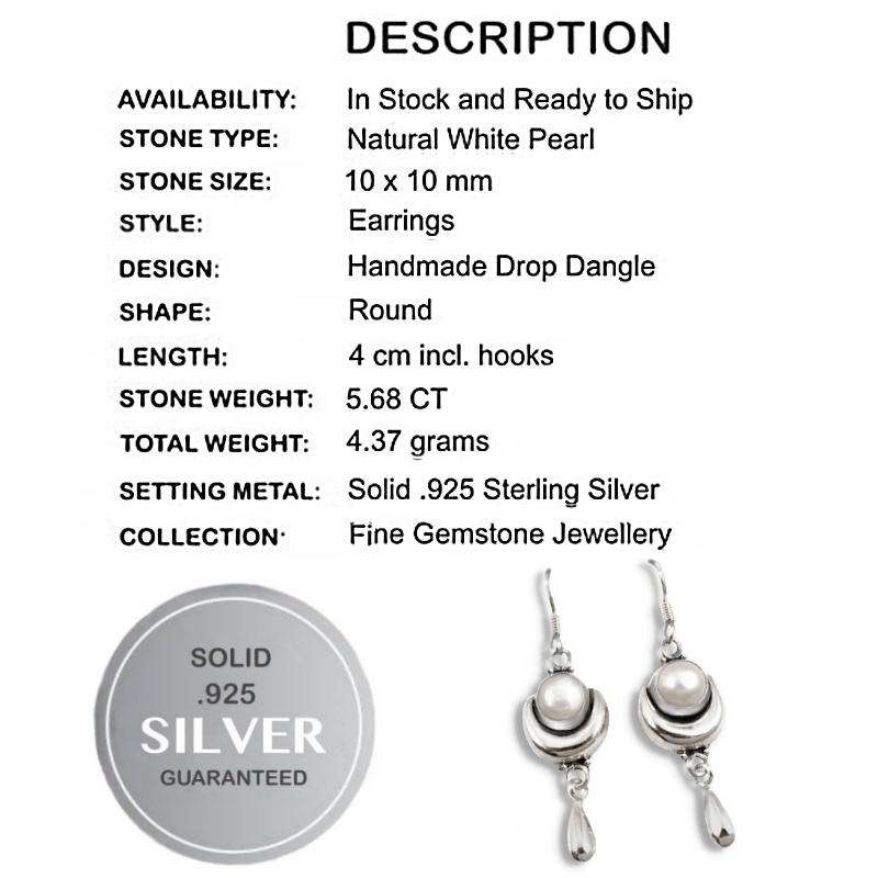 5.68 Cts Natural White Pearl set in Solid .925 Sterling Silver Earrings