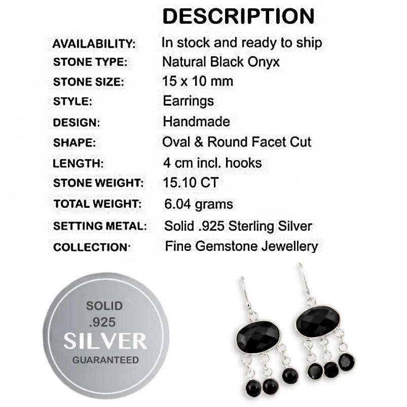 Natural Black Onyx Gemstone set in Solid .925 Sterling Silver Chandelier Earrings