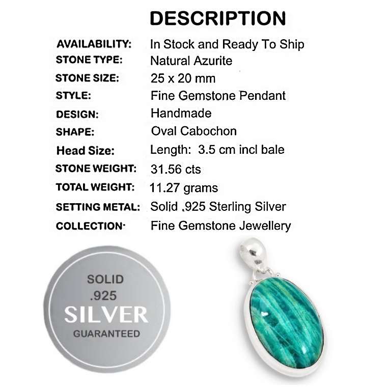 Natural Green Azurite Oval Gemstone  set in Solid. 925 Sterling Silver Pendant
