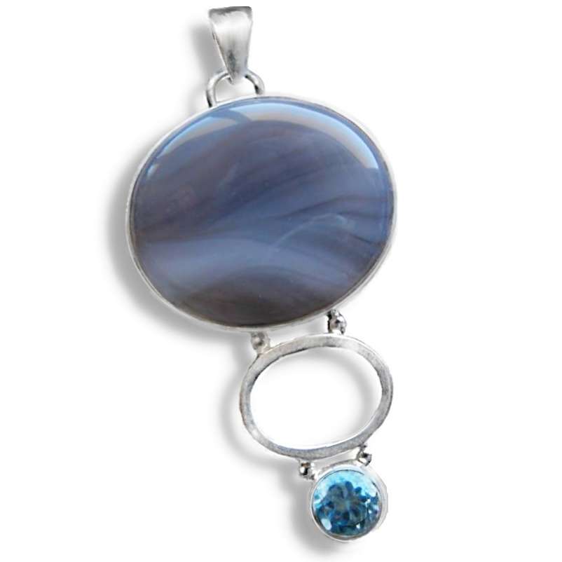 Natural Blue Botswana Agate and Blue Topaz Gemstone in Solid 925 Silver Pendant