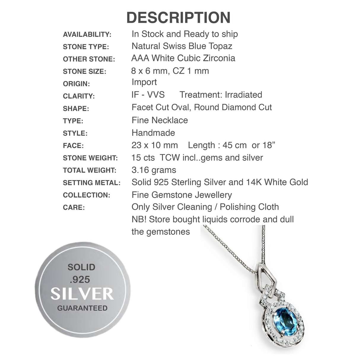 Natural Swiss Blue Topaz White Cubic Zirconia Gemstone Solid .925 Silver 14K White Gold Necklace