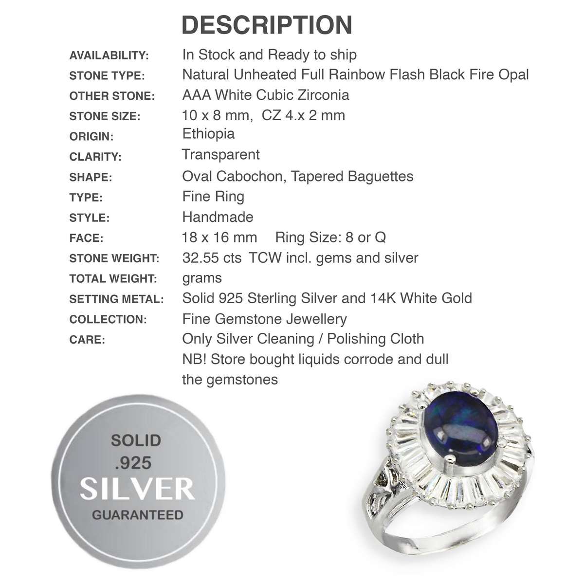 Natural Full Flash Black Fire Opal and White CZ Baguettes in Solid .925 Sterling Silver Ring Sz 8/Q