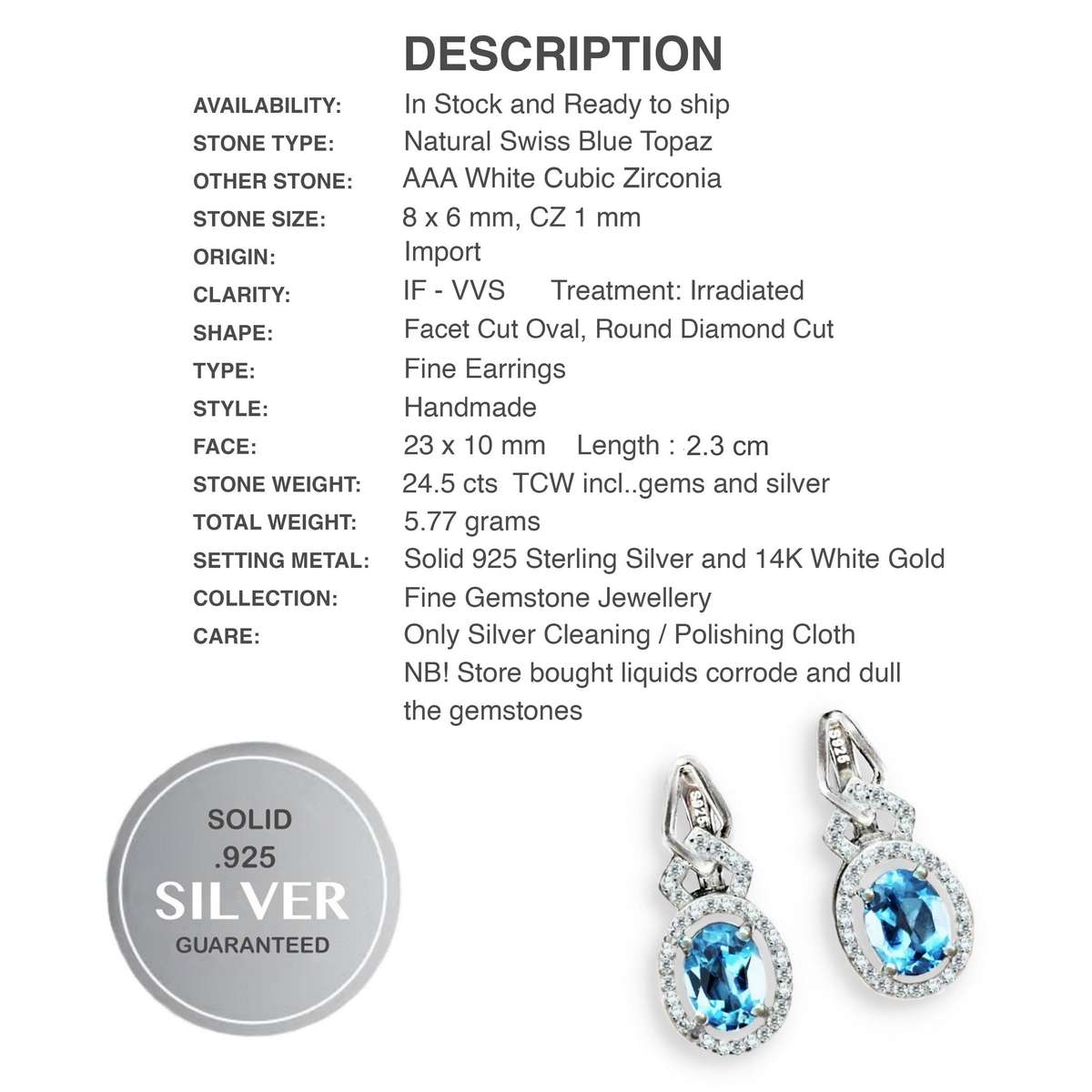 Natural Swiss Blue Topaz White Cubic Zirconia Gemstone Solid .925 Silver 14K White Gold Earrings