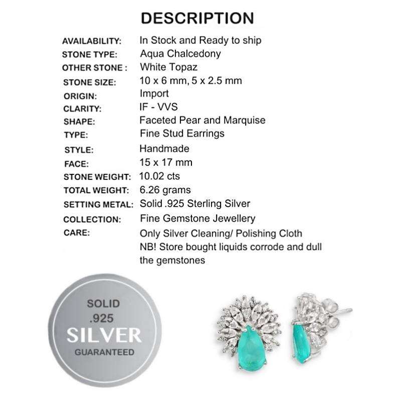 10.02 cts Aqua Green Chalcedony, White Topaz Solid .925 Sterling Silver Dainty Fine Stud Earrings