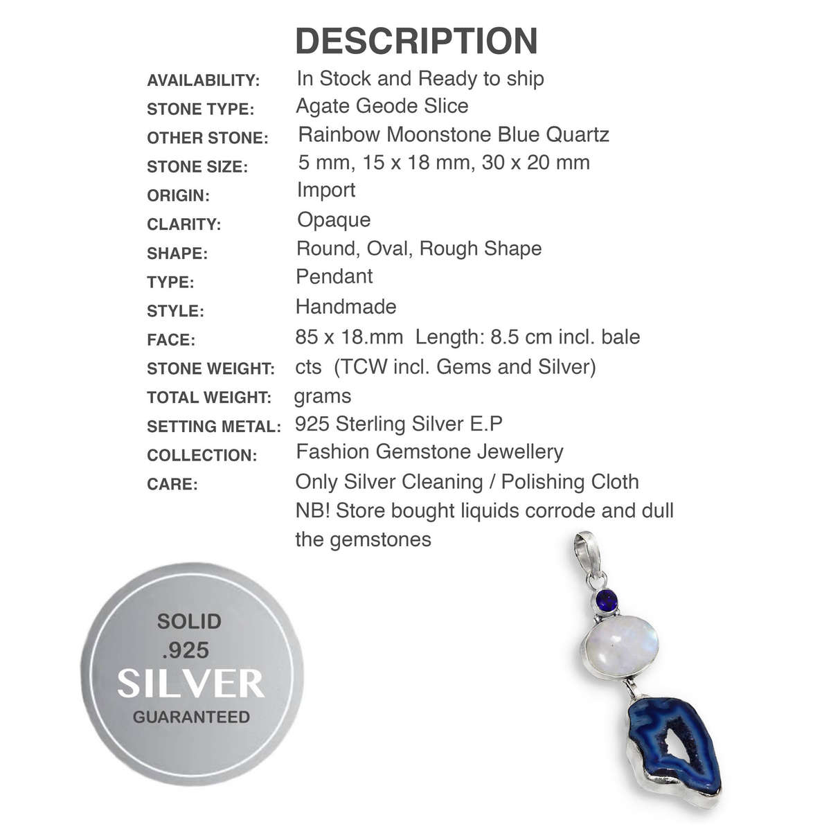 Handmade Agate Geode Slice and Rainbow Moonstone set in .925 Sterling Silver Plated Pendant