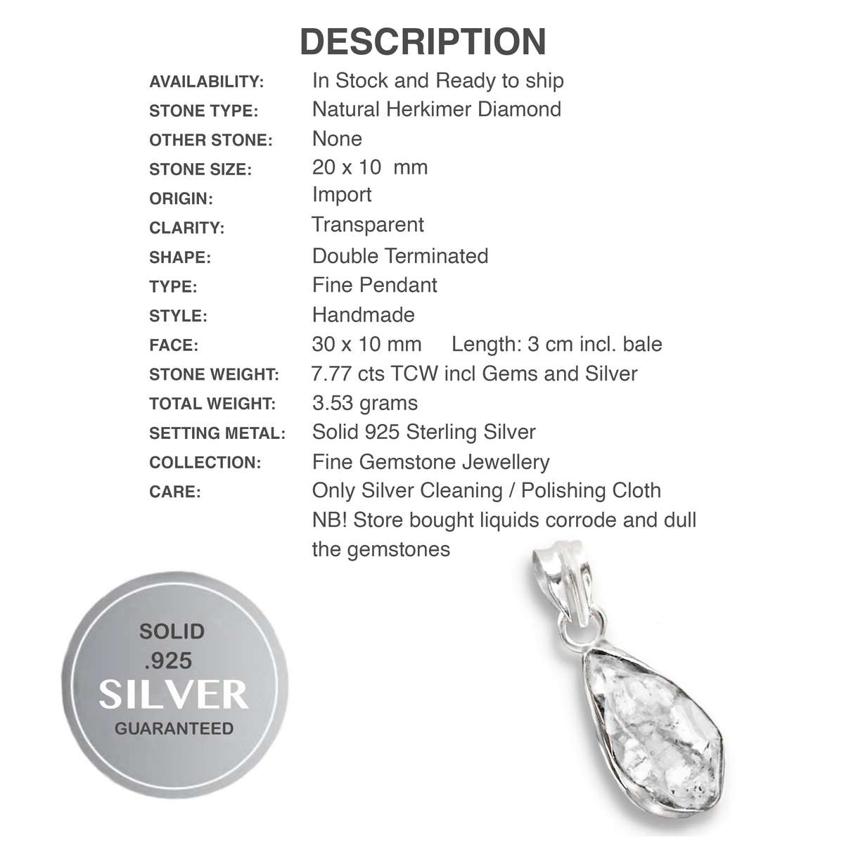 Natural Double Terminated Herkimer Diamond set in Solid .925 Sterling Silver Pendant