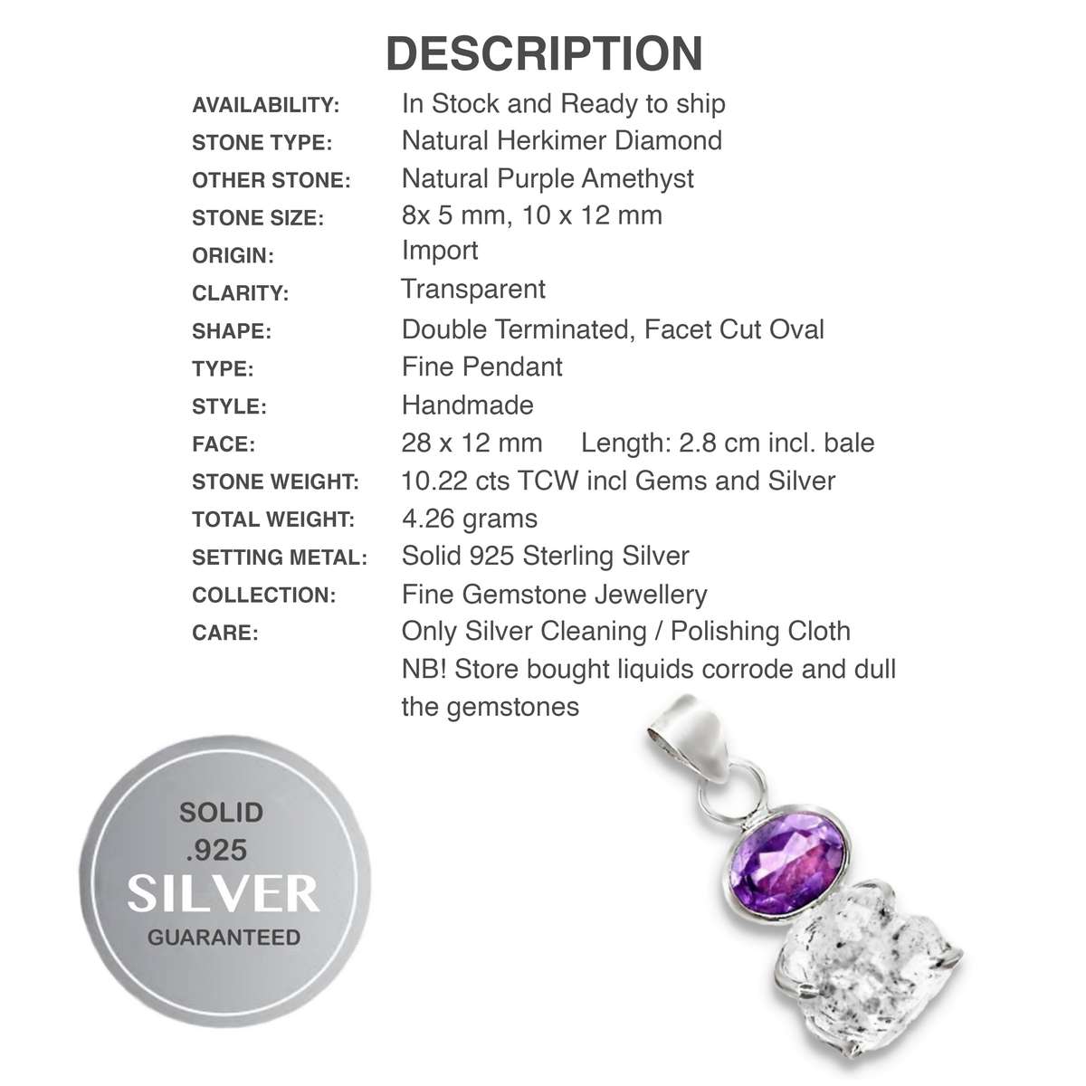 Natural Herkimer Diamond and Purple Amethyst Gemstone set in Solid .925 Sterling Silver Pendant