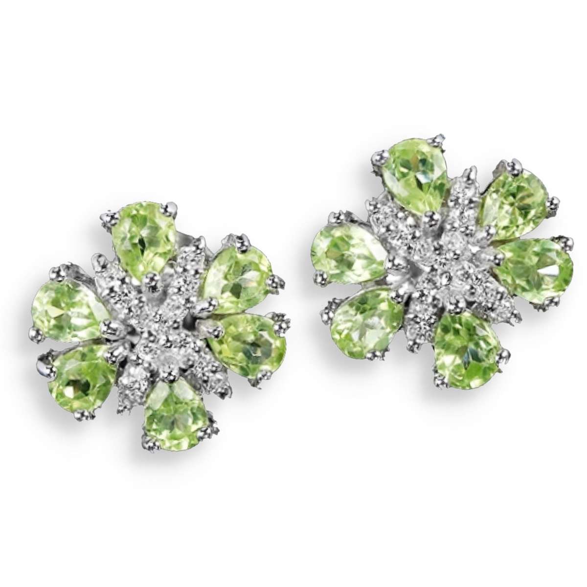 Natural Unheated Peridot, White Cubic Zirconia Gemstone Solid .925 Sterling Silver 14K WG Earrings
