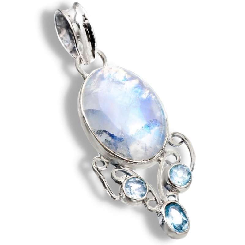 Natural Rainbow Moonstone, Blue Topaz Gemstone set in Solid .925 Sterling Silver Pendant